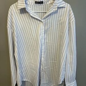 SHEIN Women's White Striped Button Down Shirt